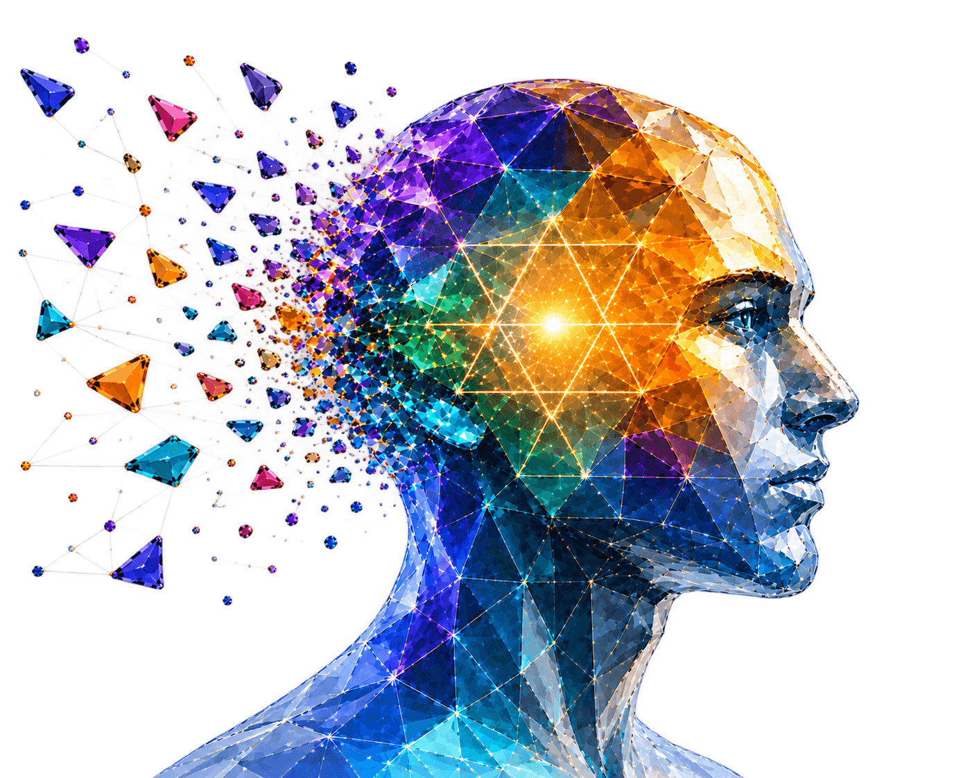 Abstract low-poly illustration of a head, symbolizing clarity of thought and ethical reasoning